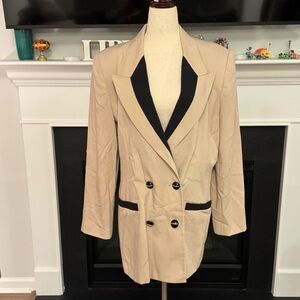 Oleg Cassini Tan & Black Contrast Trim Double-Breasted Blazer – Size 14